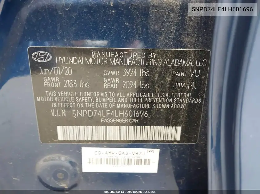 2020 HYUNDAI ELANTRA VIN 5NPD74LF4LH601696 — фото 9