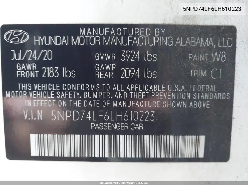 2020 HYUNDAI ELANTRA VIN 5NPD74LF6LH610223 — фото 9