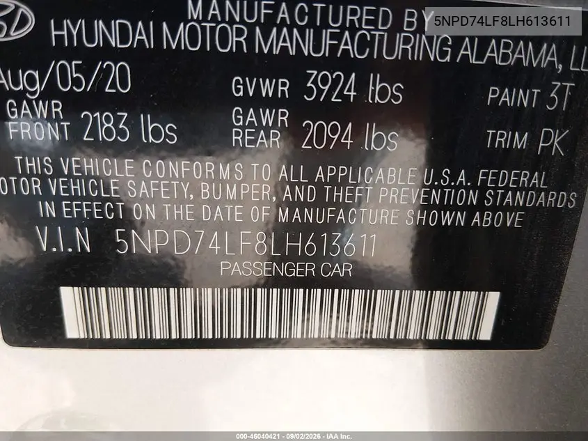 2020 HYUNDAI ELANTRA VIN 5NPD74LF8LH613611 — фото 9