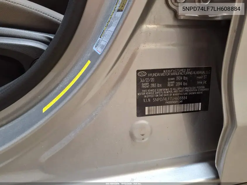 2020 HYUNDAI ELANTRA VIN 5NPD74LF7LH608884 — фото 9