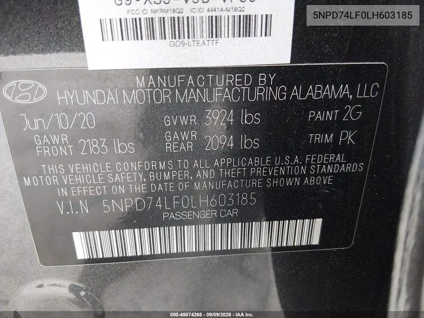 2020 HYUNDAI ELANTRA VIN 5NPD74LF0LH603185 — фото 9