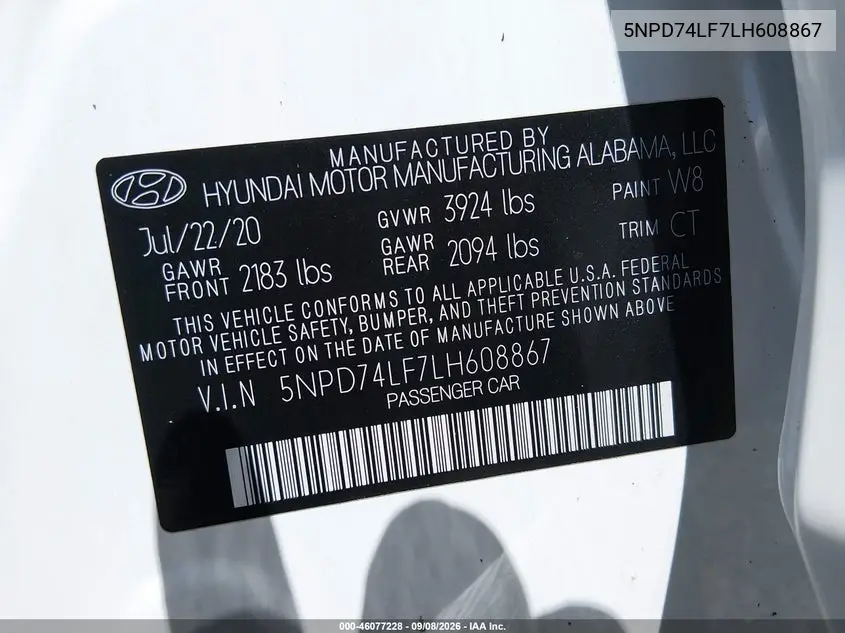 2020 HYUNDAI ELANTRA VIN 5NPD74LF7LH608867 — фото 9