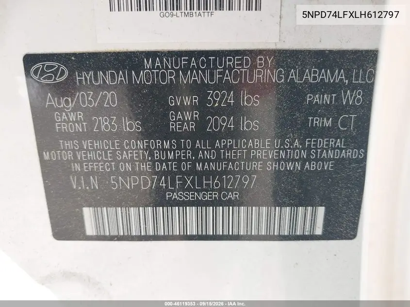 2020 HYUNDAI ELANTRA VIN 5NPD74LFXLH612797 — фото 9