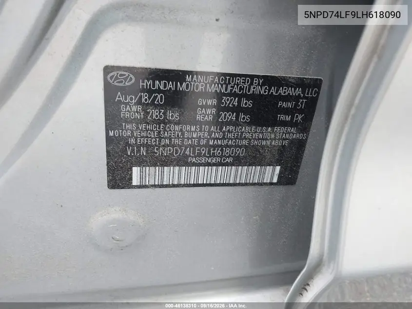 2020 HYUNDAI ELANTRA VIN 5NPD74LF9LH618090 — фото 9