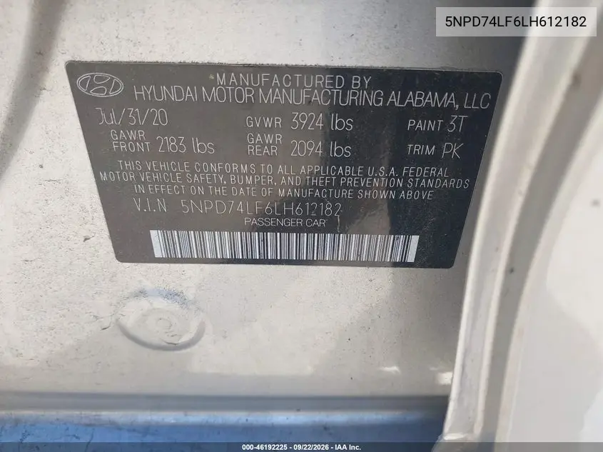 2020 HYUNDAI ELANTRA VIN 5NPD74LF6LH612182 — фото 9