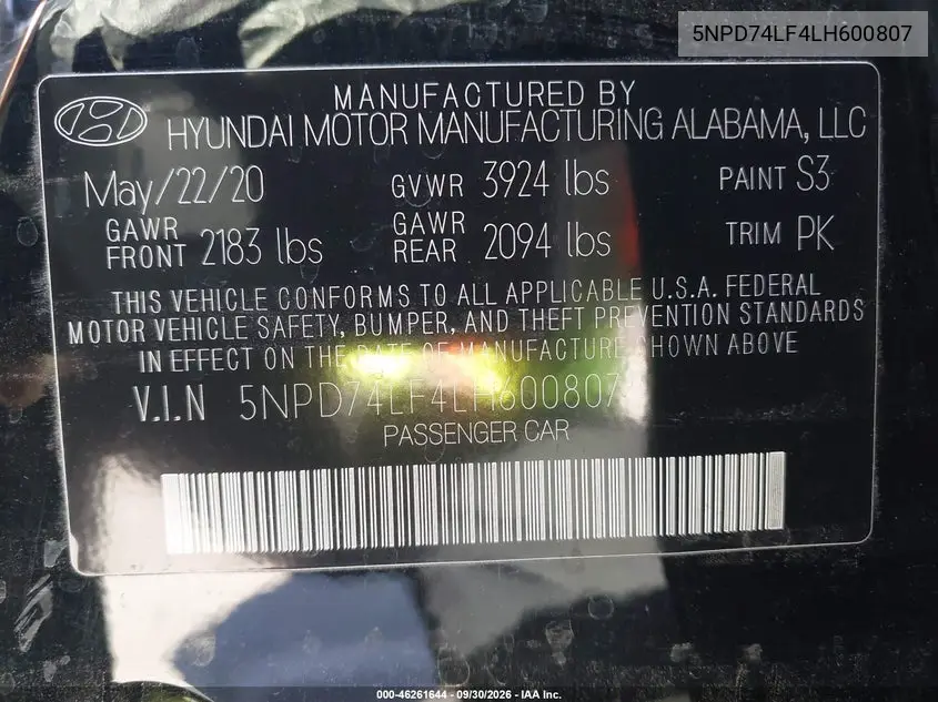 2020 HYUNDAI ELANTRA VIN 5NPD74LF4LH600807 — фото 9