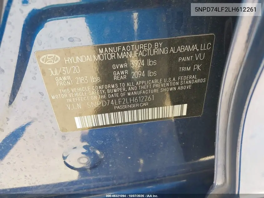 2020 HYUNDAI ELANTRA VIN 5NPD74LF2LH612261 — фото 9