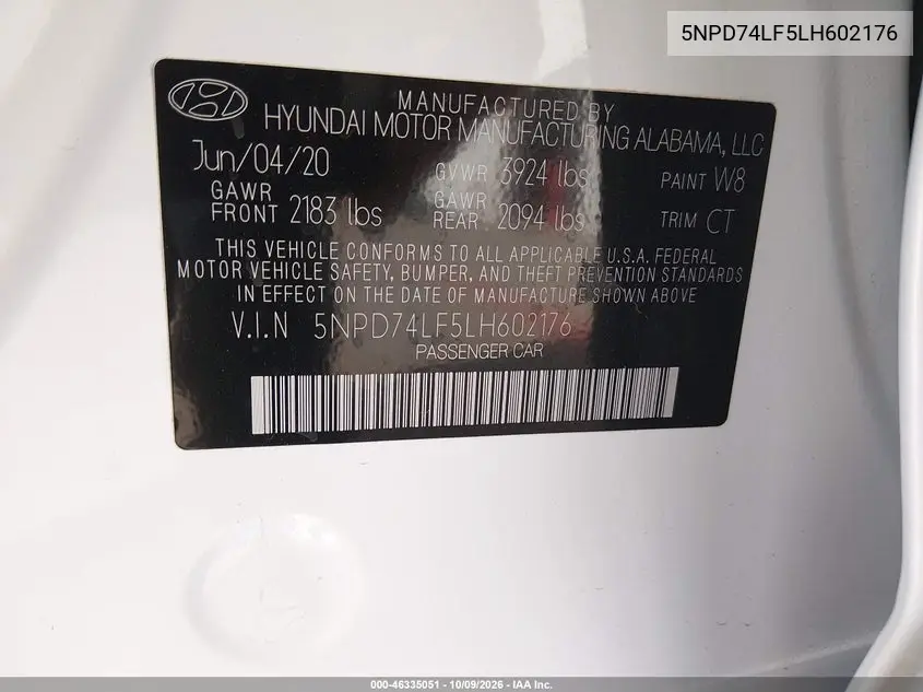 2020 HYUNDAI ELANTRA VIN 5NPD74LF5LH602176 — фото 9