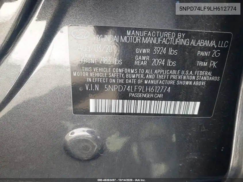 2020 HYUNDAI ELANTRA VIN 5NPD74LF9LH612774 — фото 9