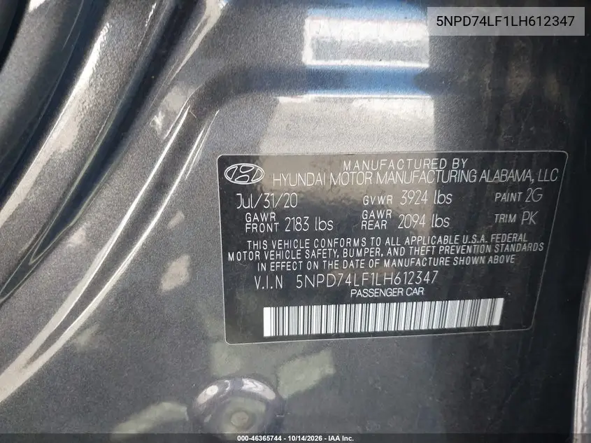 2020 HYUNDAI ELANTRA VIN 5NPD74LF1LH612347 — фото 9