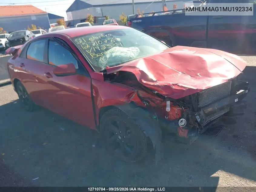 HYUNDAI ELANTRA 2021, VIN KMHLM4AG1MU192334