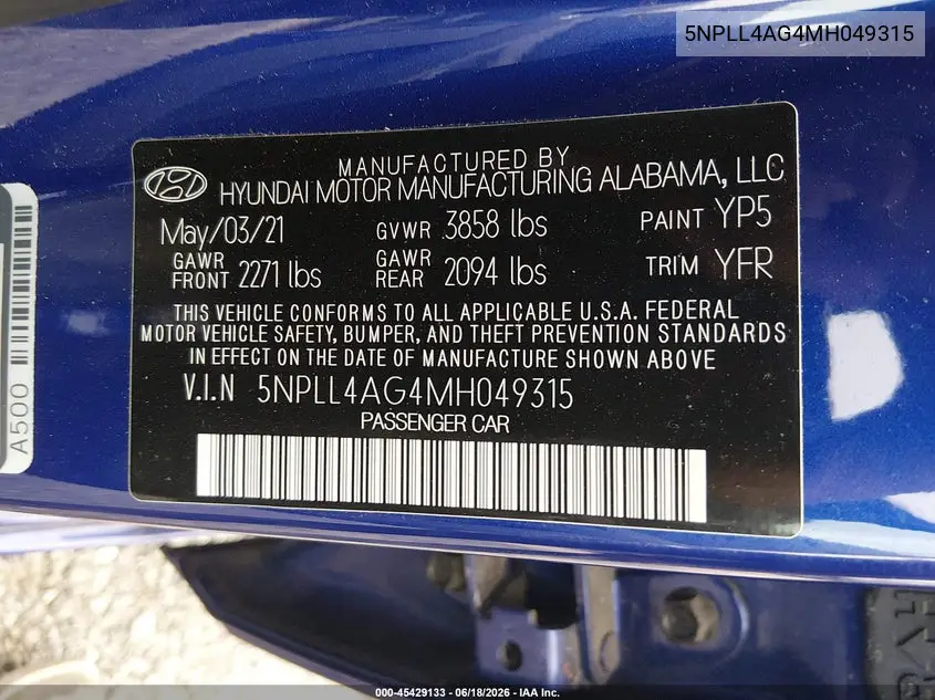 2021 HYUNDAI ELANTRA VIN 5NPLL4AG4MH049315 — фото 9
