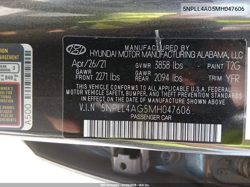 2021 HYUNDAI ELANTRA VIN 5NPLL4AG5MH047606 — фото 9