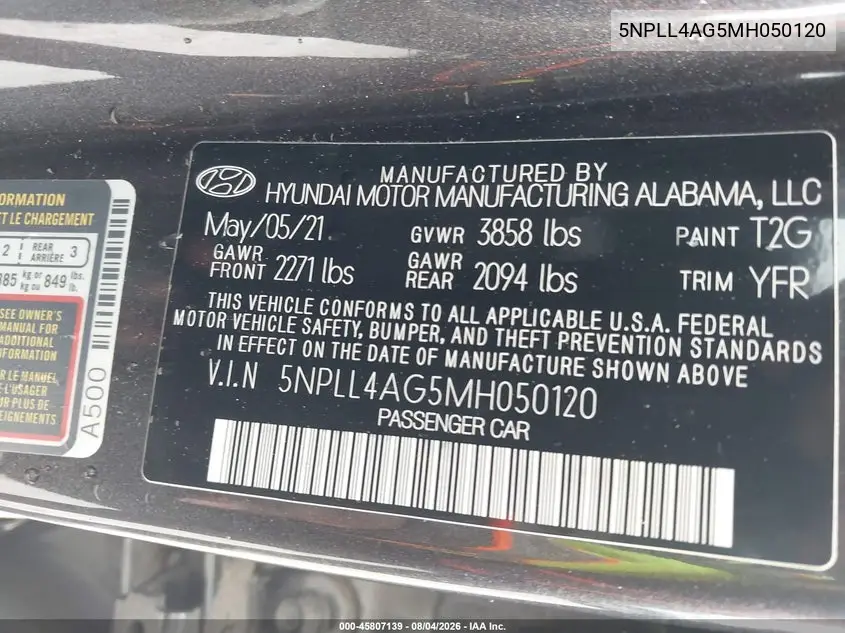 2021 HYUNDAI ELANTRA VIN 5NPLL4AG5MH050120 — фото 9