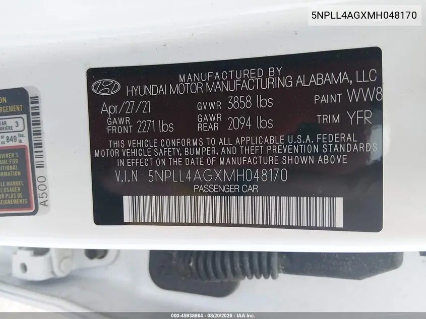 2021 HYUNDAI ELANTRA VIN 5NPLL4AGXMH048170 — фото 9