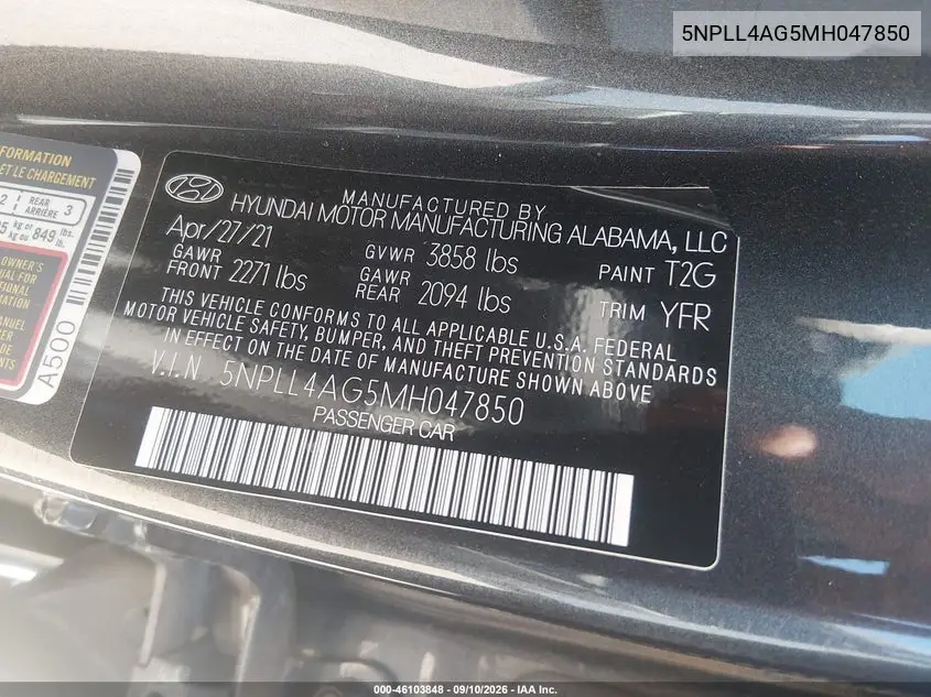 2021 HYUNDAI ELANTRA VIN 5NPLL4AG5MH047850 — фото 9