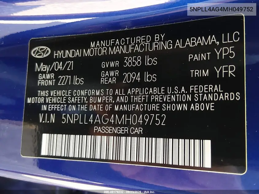 2021 HYUNDAI ELANTRA VIN 5NPLL4AG4MH049752 — фото 9