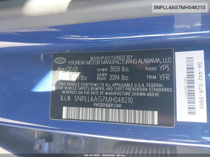 2021 HYUNDAI ELANTRA VIN 5NPLL4AG7MH048210 — фото 9