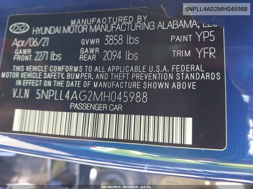 2021 HYUNDAI ELANTRA VIN 5NPLL4AG2MH045988 — фото 9