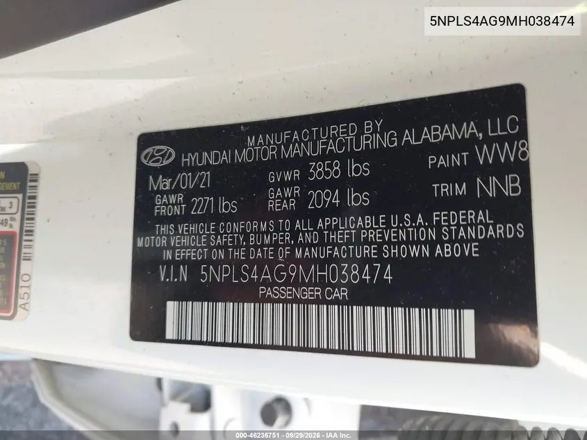 2021 HYUNDAI ELANTRA VIN 5NPLS4AG9MH038474 — фото 9