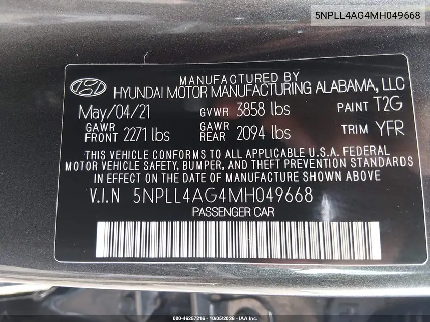 2021 HYUNDAI ELANTRA VIN 5NPLL4AG4MH049668 — фото 9