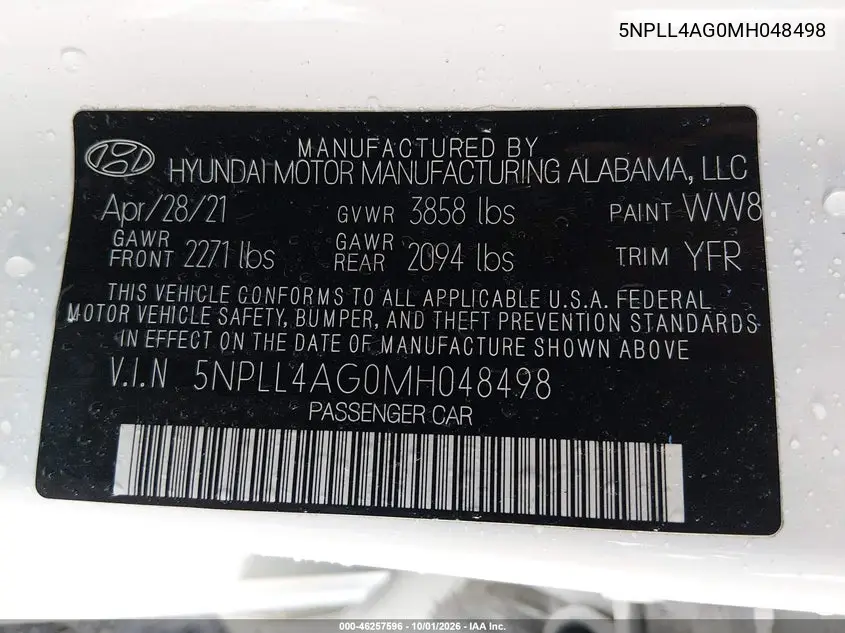 2021 HYUNDAI ELANTRA VIN 5NPLL4AG0MH048498 — фото 9
