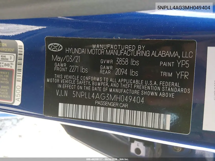 2021 HYUNDAI ELANTRA VIN 5NPLL4AG3MH049404 — фото 9