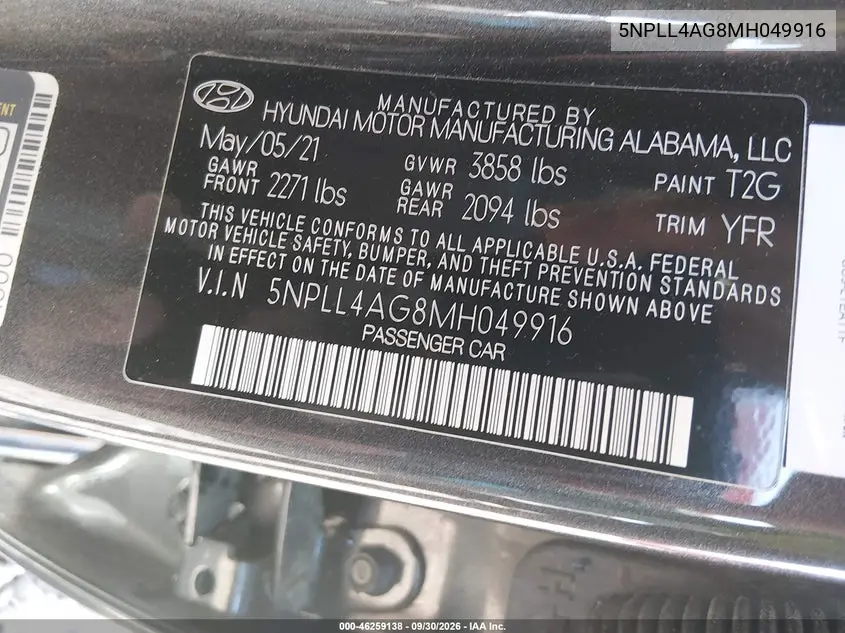 2021 HYUNDAI ELANTRA VIN 5NPLL4AG8MH049916 — фото 9
