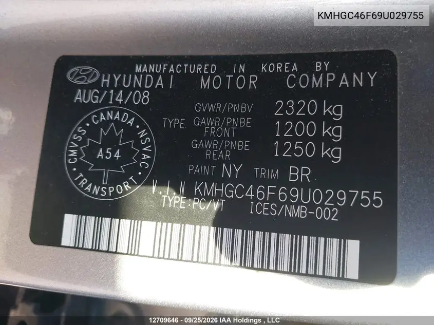 2009 HYUNDAI GENESIS VIN KMHGC46F69U029755 — фото 9