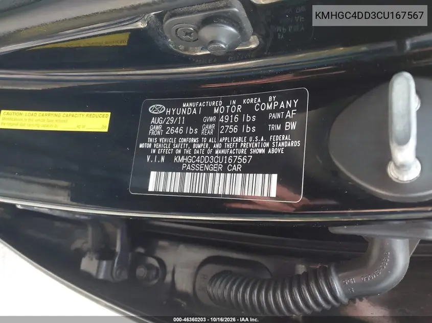 2012 HYUNDAI GENESIS VIN KMHGC4DD3CU167567 — фото 9
