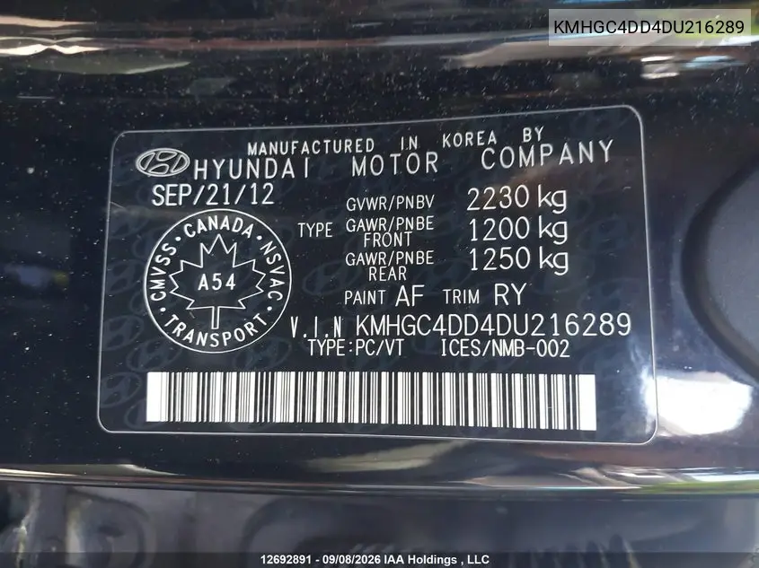 2013 HYUNDAI GENESIS VIN KMHGC4DD4DU216289 — фото 9