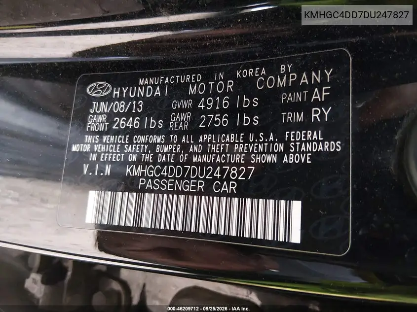 2013 HYUNDAI GENESIS VIN KMHGC4DD7DU247827 — фото 9