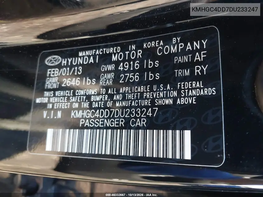 2013 HYUNDAI GENESIS VIN KMHGC4DD7DU233247 — фото 9