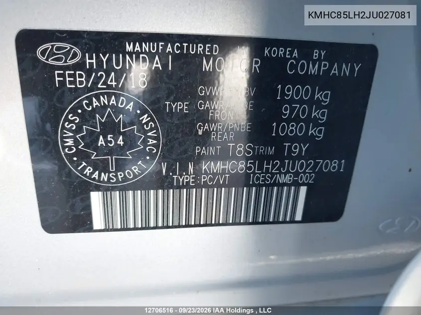 2018 HYUNDAI IONIQ VIN KMHC85LH2JU027081 — фото 9