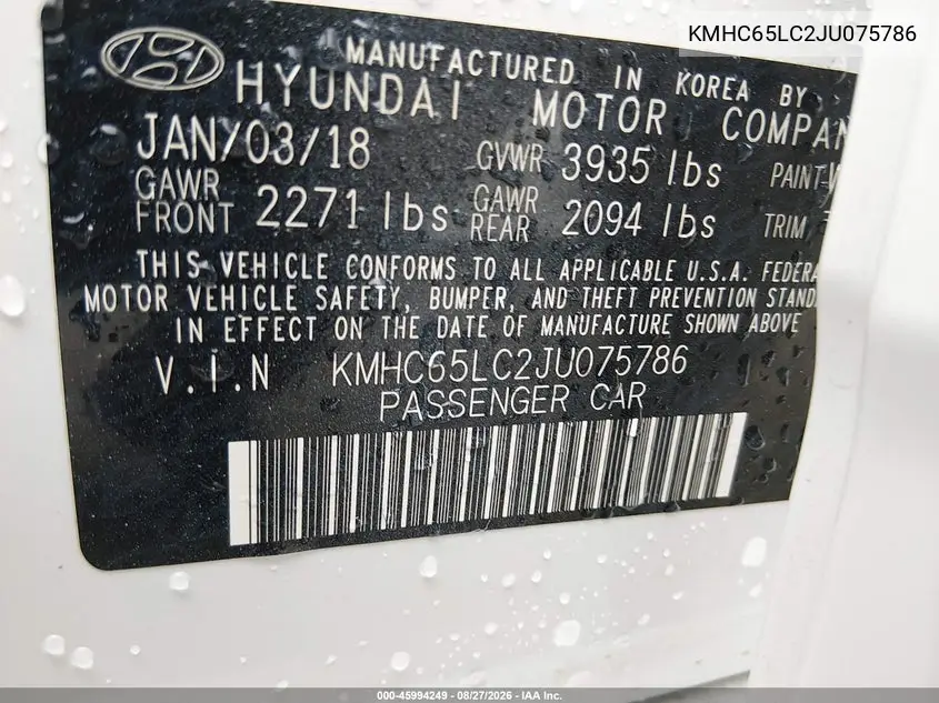 2018 HYUNDAI IONIQ VIN KMHC65LC2JU075786 — фото 9