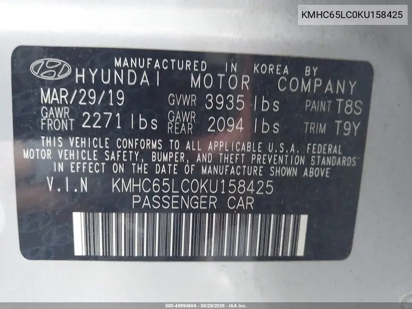2019 HYUNDAI IONIQ VIN KMHC65LC0KU158425 — фото 9