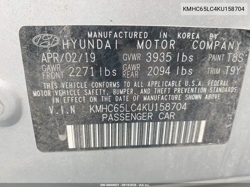 2019 HYUNDAI IONIQ VIN KMHC65LC4KU158704 — фото 9
