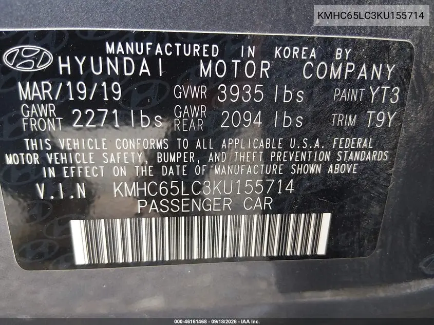 2019 HYUNDAI IONIQ VIN KMHC65LC3KU155714 — фото 9