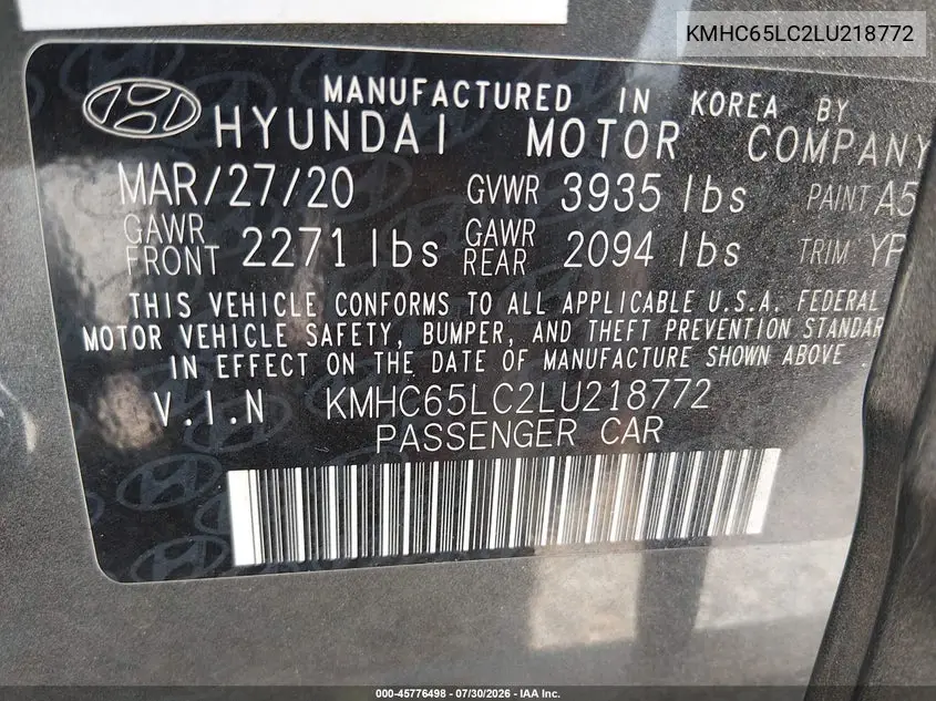 2020 HYUNDAI IONIQ VIN KMHC65LC2LU218772 — фото 9