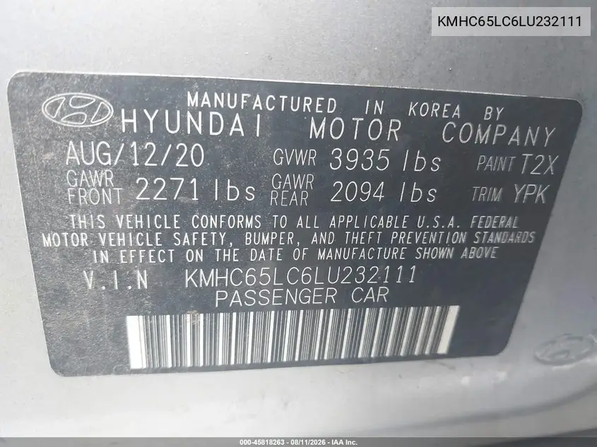 2020 HYUNDAI IONIQ VIN KMHC65LC6LU232111 — фото 9