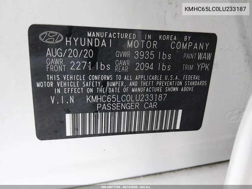2020 HYUNDAI IONIQ VIN KMHC65LC0LU233187 — фото 9