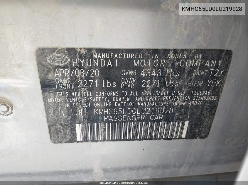 2020 HYUNDAI IONIQ VIN KMHC65LD0LU219928 — фото 9
