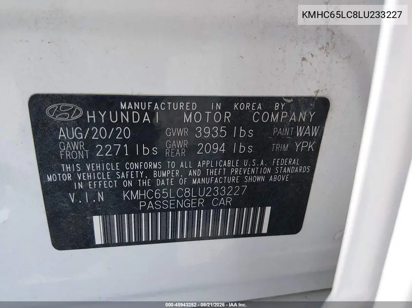 2020 HYUNDAI IONIQ VIN KMHC65LC8LU233227 — фото 9