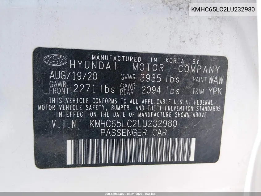 2020 HYUNDAI IONIQ VIN KMHC65LC2LU232980 — фото 9