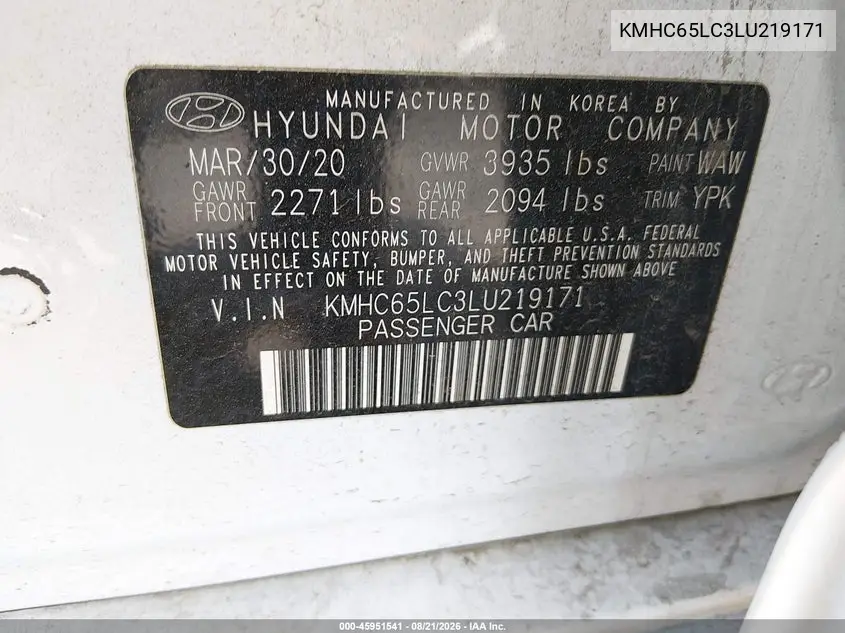 2020 HYUNDAI IONIQ VIN KMHC65LC3LU219171 — фото 9