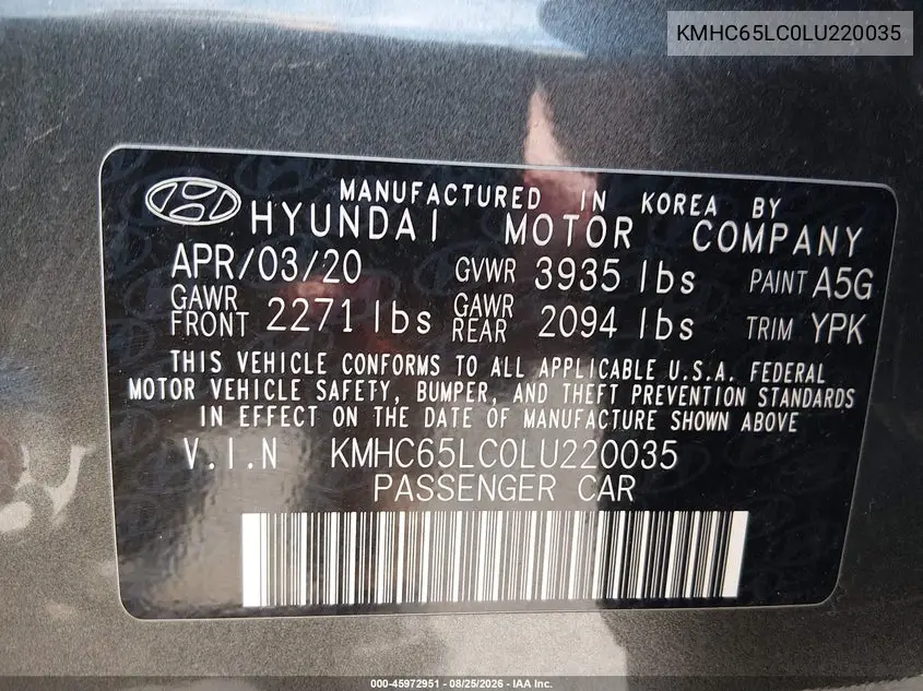 2020 HYUNDAI IONIQ VIN KMHC65LC0LU220035 — фото 9