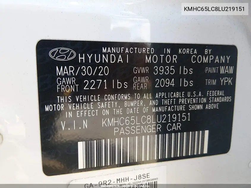 2020 HYUNDAI IONIQ VIN KMHC65LC8LU219151 — фото 9