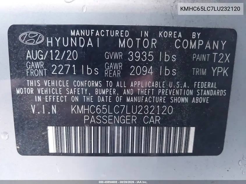2020 HYUNDAI IONIQ VIN KMHC65LC7LU232120 — фото 9