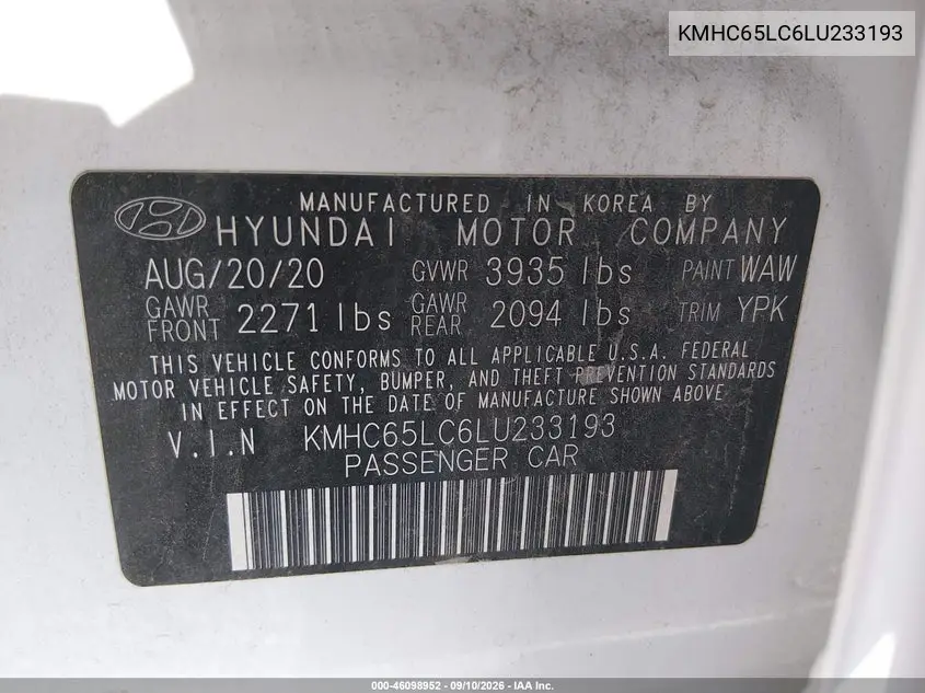 2020 HYUNDAI IONIQ VIN KMHC65LC6LU233193 — фото 9