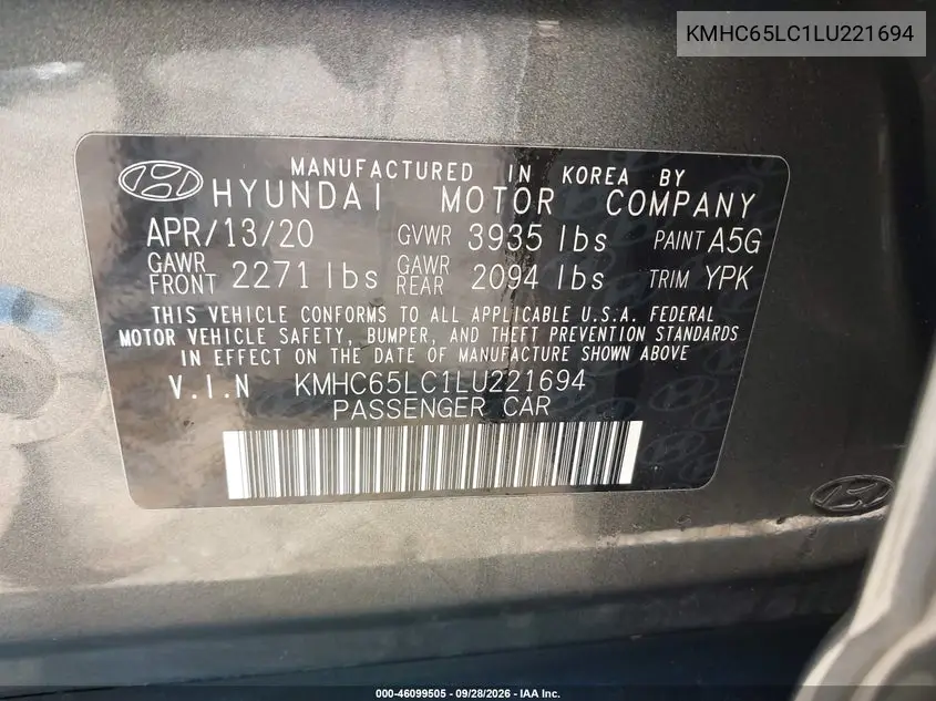 2020 HYUNDAI IONIQ VIN KMHC65LC1LU221694 — фото 9